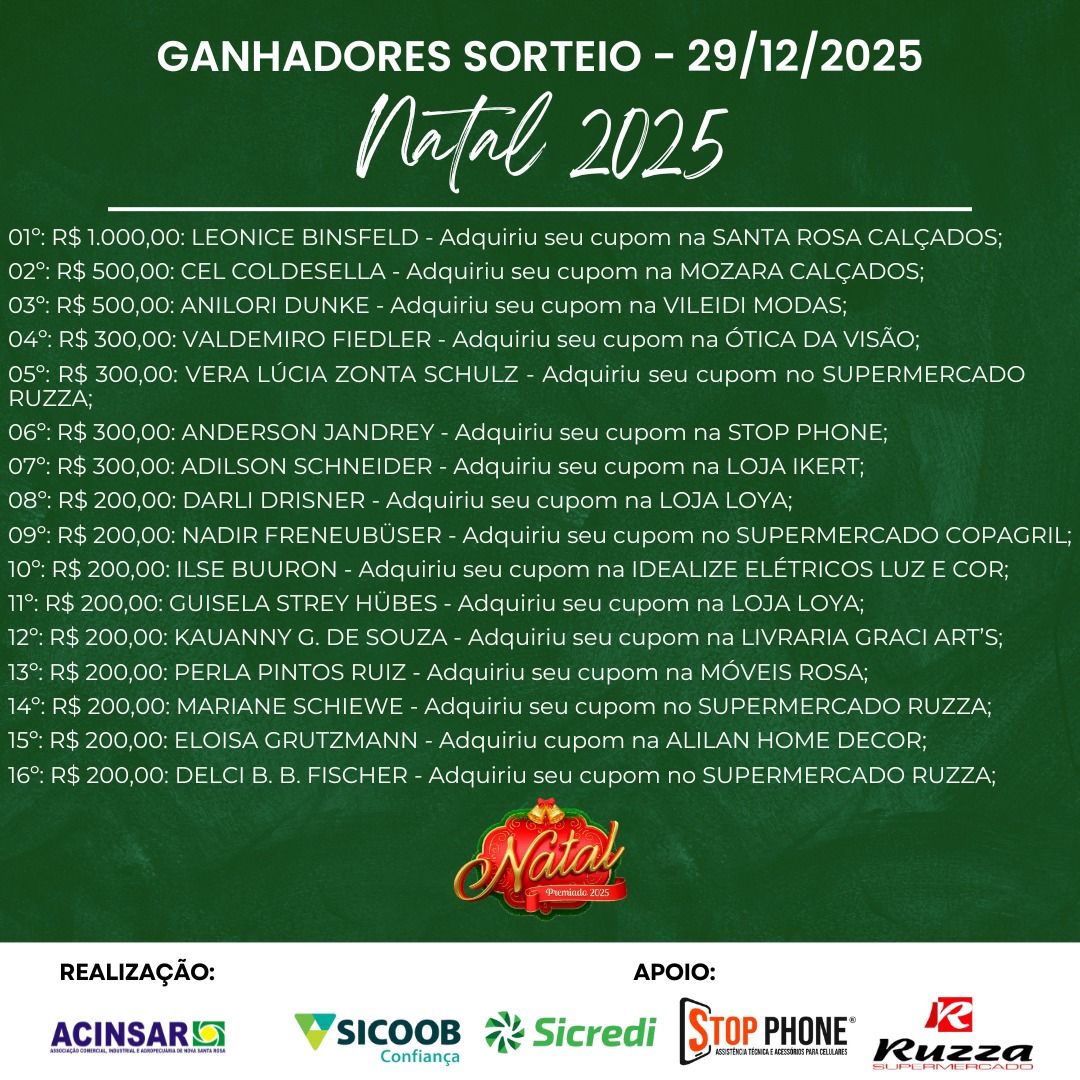 Acinsar realiza sorteio da Campanha Natal Premiado 2025